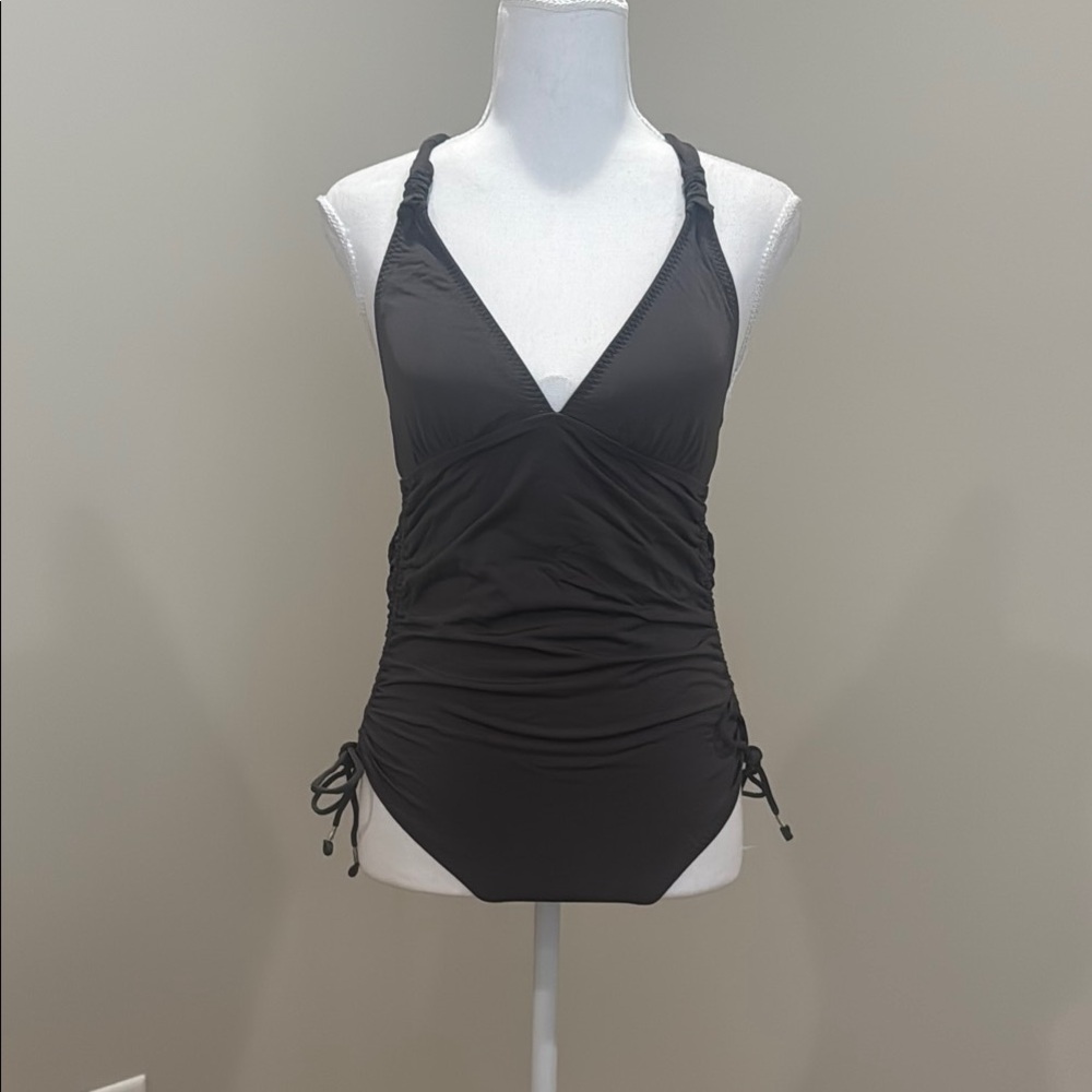 Athleta Charcoal Gray One Piece Swimsuit with Plunging V-Neck and Ruching